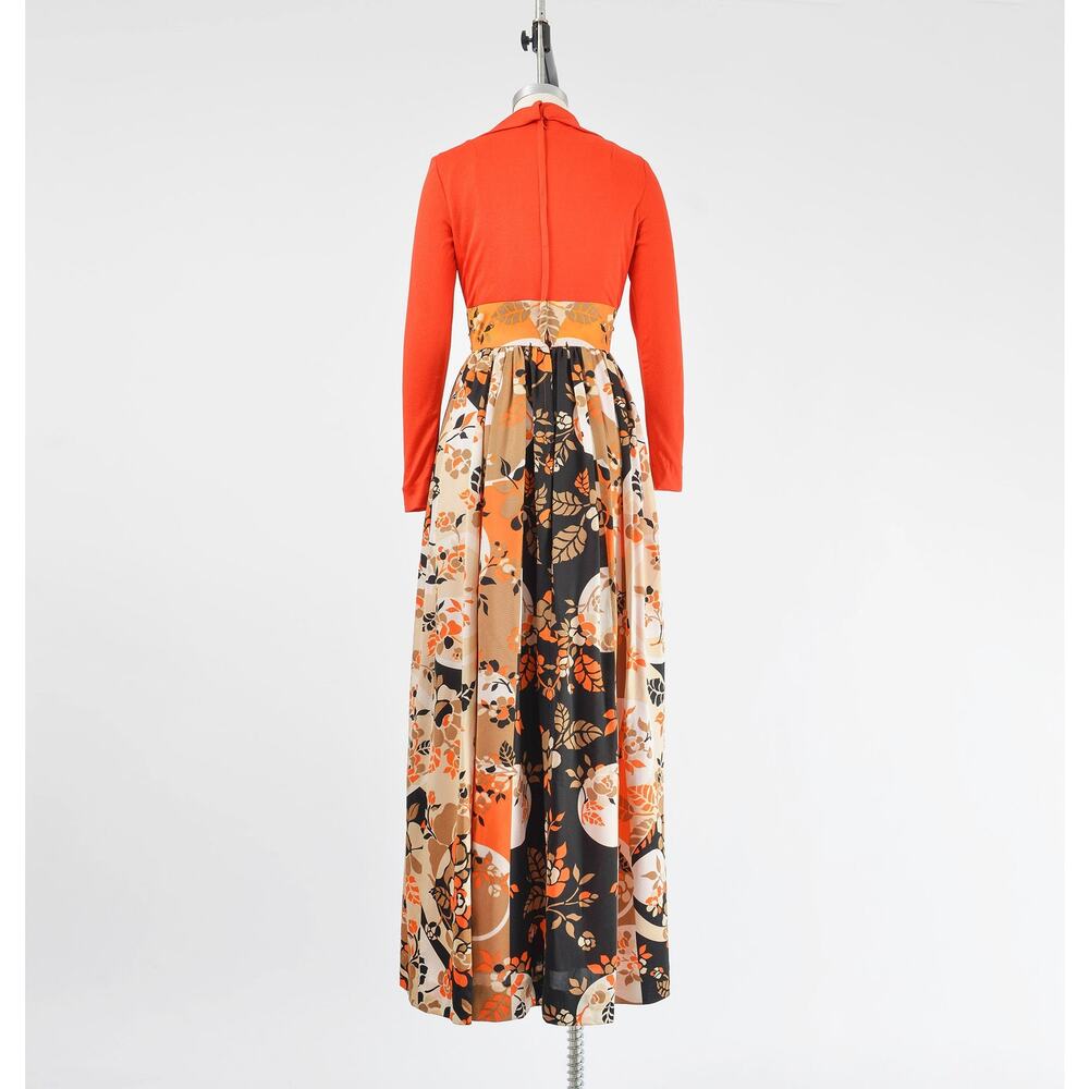 Vintage 70s Orange Floral Rhinestone Evening Gown Psychedelic Party Maxi Dress - Picture 7 of 8